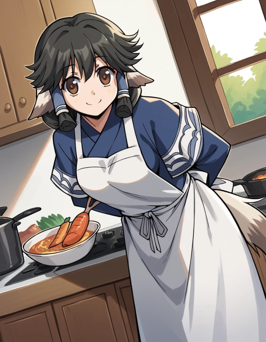 score_9, score_8_up, score_7_up, source_anime, <lora:utawarerumono-aruruu-s2-ponyxl-lora-nochekaiser:1>, aruruu, black hair, animal ears, brown eyes, dog ears, medium breasts,, tail, ainu clothes, long sleeves,, kitchen, cooking, apron, cutting vegetables, home cooking, smile, looking at viewer, hands behind back, bent over,, solo,, dutch angle, cowboy shot