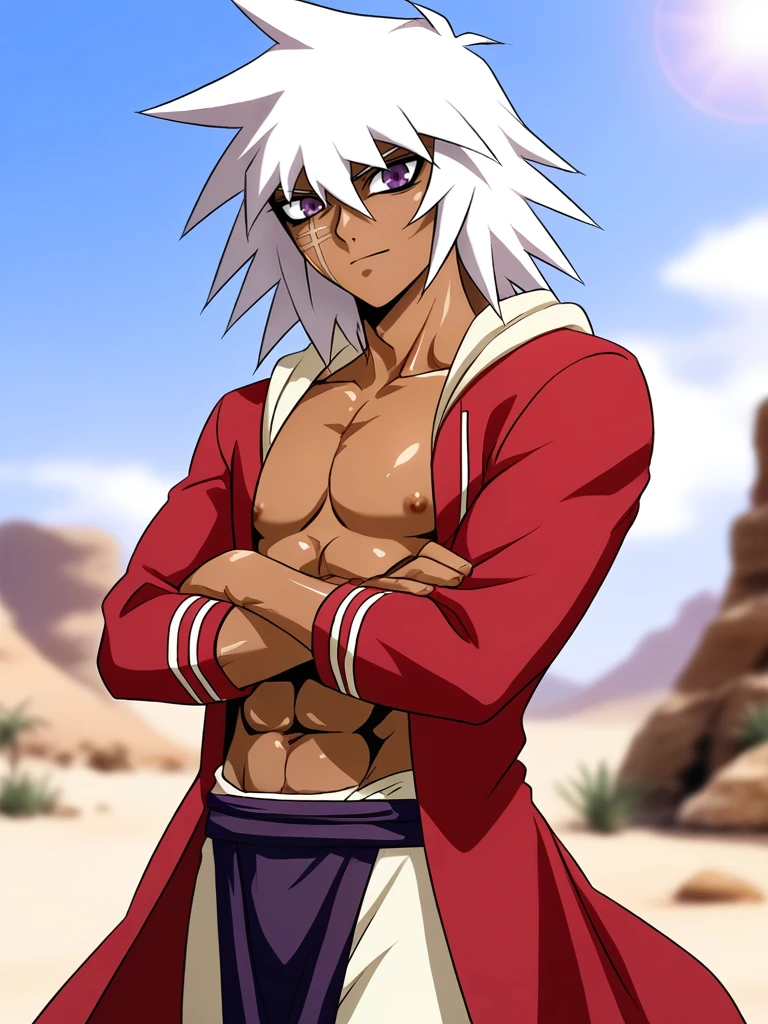 score_9, score_8_up, score_7_up, best quality, source_anime, BREAK
1boy, th13fbakura, dark skin, purple eyes, scar, white hair, red coat, shiny skin, smiling, bare chest, <lora:enhancerV4-pony:1>, abs, pectoral focus, (realistic shading), dynamic angle,  <lora:bakuraPony-000030:1>, spiked hair, loin cloth, nipples, desert, toned, slim, (detailed shading), crossed arms, looking at viewer, mocking aura,  <lora:Smooth Anime 2 Style SDXL_LoRA_Pony Diffusion V6 XL:1>, smooth anime 2