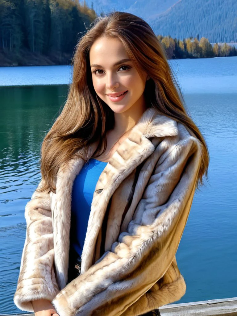 <lora:K4t3S4m_xl_v10:0.8>, K4t3S4m, 1girl, solo, long hair, looking at viewer, smile, Faux Fur Jacket, lake, (masterpiece,best quality,ultra_detailed,highres,absurdres:1.2)