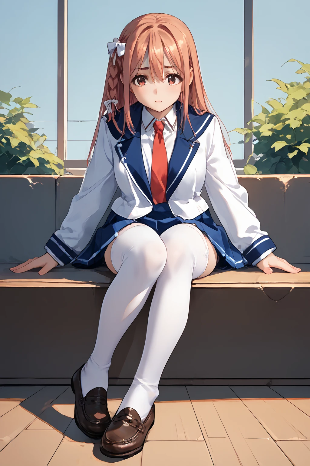 score_9, score_8_up, score_7_up, score_6_up, 2d, source_anime,1girl,   <lora:houkago_3_uniform:.8> necktie, skirt, school uniform, jacket,blue skirt,full body,  zPDXL3 <lora:rentagirlfriend_sakurasawa_ponyXL:1> sakurasawa sumi, side braid, hair bow, white bow, school uniform white thighhighs