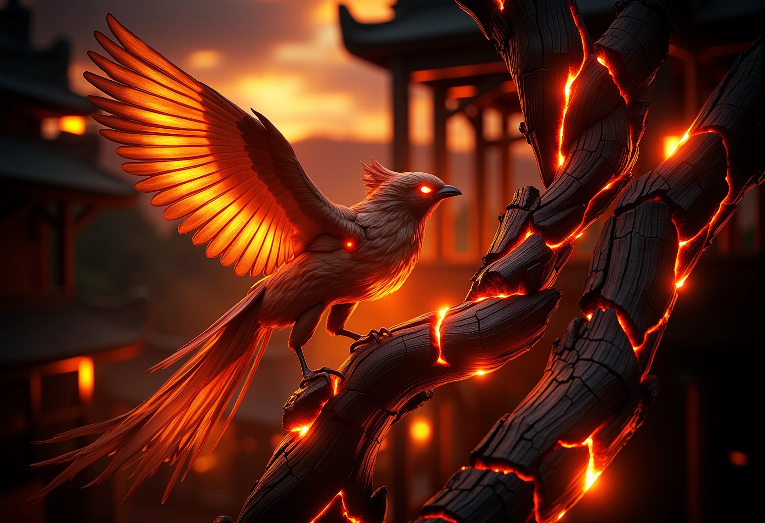 A mythical phoenix rising from glowing wooden ashes, its wings merging with soft, glowing wooden veins, radiating warmth as it soars|A close-up of a tree with ember-like veins glowing faintly against a fiery twilight sky, with wooden veins flickering softly, glowing subtly in a few sections}|A panoramic view of a glowing wooden temple at dusk, with parts of the wooden structure softly glowing, casting gentle light onto the surroundings}} Epic cinematic lighting, soft glowing wood textures, subtle embers, dramatic shadows, backlit glow, high contrast, lens flare, deep focus, ultra-realistic details, vivid colors, high dynamic range, volumetric lighting, breathtaking scale, photorealism, hyper-sharp focus, intricate details, stunning cinematic atmosphere. , <lora:bv-glowing-wood-v1.safetensors:0.5:0.5>