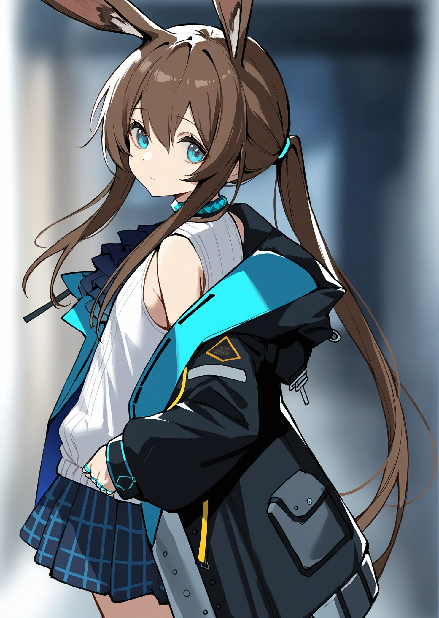 best quality,masterpiece,absurdres,newest,
amiya \(arknights\), 
1girl, solo, animal ears, long hair, brown hair, skirt, jacket, blue eyes, looking at viewer, black jacket, off shoulder, hair between eyes, open clothes, shirt, bare shoulders, open jacket, ponytail, sidelocks, bangs, sleeveless, white shirt, blurry, jewelry, black skirt, eyebrows visible through hair, closed mouth, cowboy shot, pleated skirt, long sleeves, blurry background