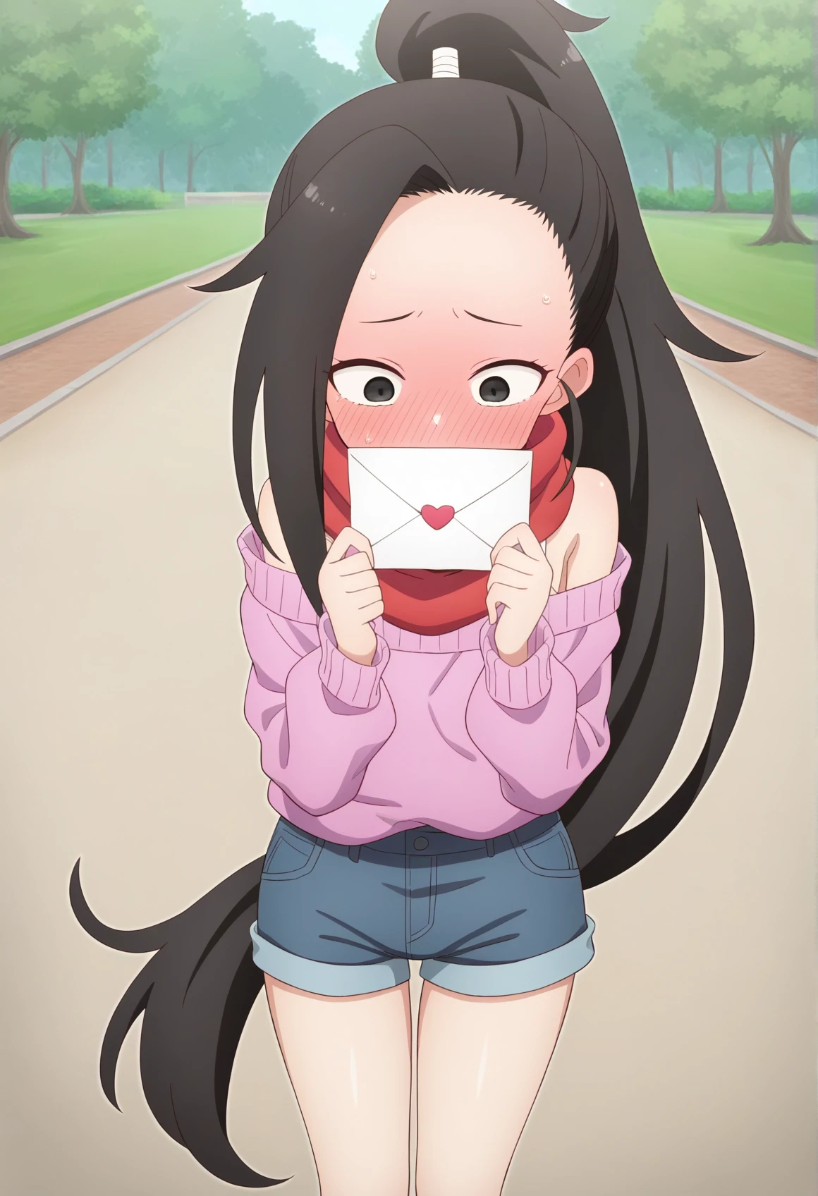 1girl, solo, , very long hair, black hair, high ponytail, forehead, black eyes, red scarf, sweater. bare shoulder, denim shorts, embarrassed, holding love letter, outdoors, park  <lora:Tsubaki_Benisumomo_illus:0.7>, masterpiece, best quality, amazing quality, very aesthetic, absurdres, highres, newest