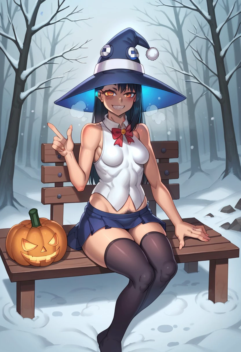 score_9, score_8_up, score_7_up, solo,1girl, ultra detailed, petite, nagatoro, sitting, bench, witch hat, white sleeveless shirt, skirt, stockings, hairy, witch clothes, single v hand, cowboy shot, pose, pumpkins, dark forest, neon glowing clothes, snow, fog, mist, l1cra