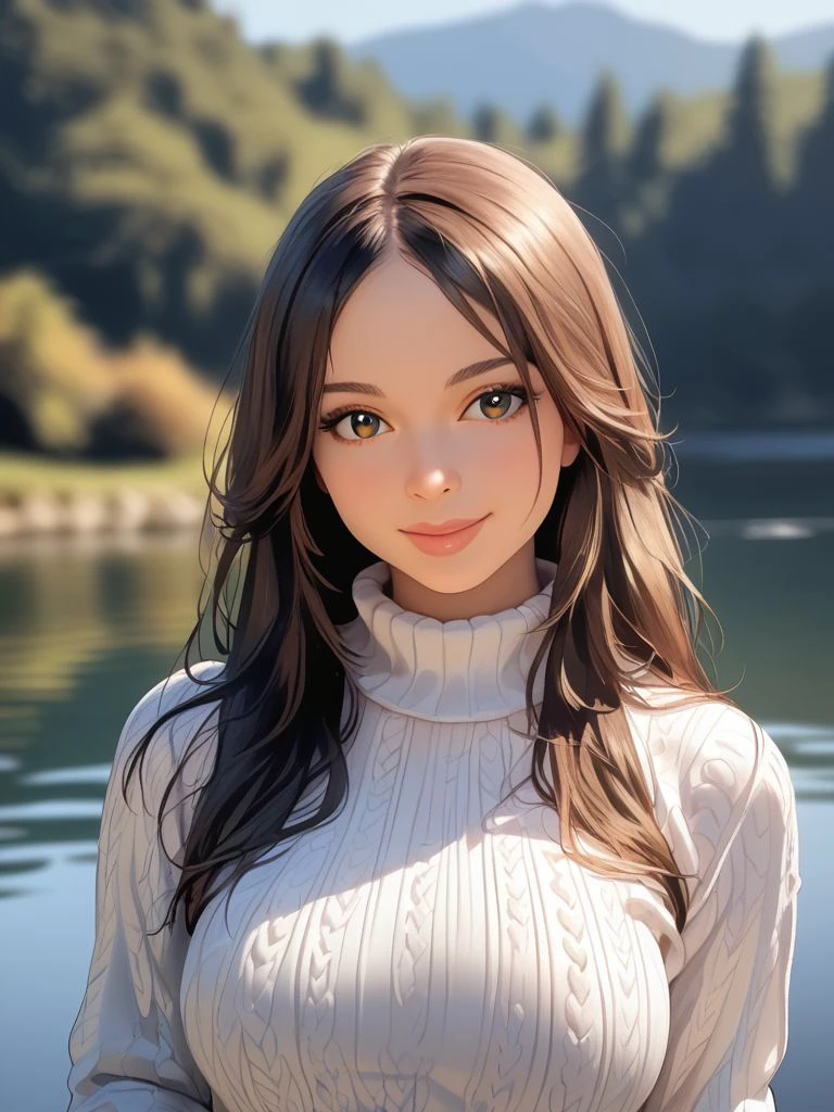 <lora:K4t3S4m_pdxl_v10:0.8>, K4t3S4m, 1girl, solo, long hair, looking at viewer, smile, upper body, Fringed Sweater, canal, masterpiece, best quality, highly detailed, score_9, score_8_up, score_8, semi-realistic, photorealistic, <lora:add-detail-xl:0.9>, zPDXLrl, realistic eyes, hyper realistic eyes, pretty eyes,