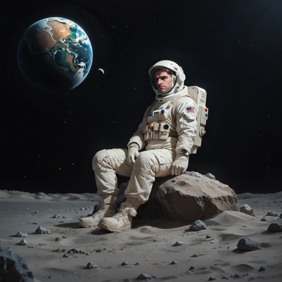 score_9, score_8_up, score_7_up, score_6_up, m00n, white astronaut sitting on rock, sand, rock, night, planet, grey colors, depth of field, highly detailed, cinematic lighting, aesthetic