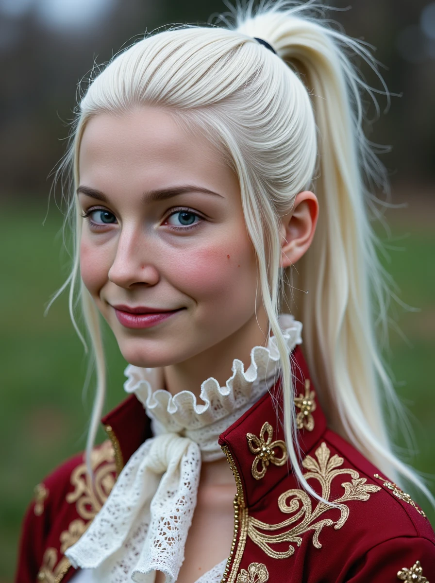 upper body of a woman, she has sleek long platinum-blonde hair with a ponytail style, with blue eyes, her skin has a high detailed texture and shows details like moles, small hairs and pores. She is wearing a Louis XIV Sun King ensemble with an opulent embroidered coat, breeches, a lace cravat, and a powdered wig, symbolizing the height of French absolutism. Her expression is a shy smile, she is looking at viewer. Set outside, with colod colors lighting. <lora:clairelora-000012:1>