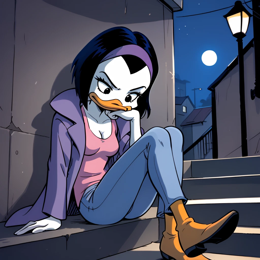 score_9, score_8_up, score_7_up, 1girl, solo, uncensored, kay-k, duck girl, bill, serious, looking down, elbow rest, leaning back, sitting on stairs, short black hair, purple hairband, white skin, purple coat, pink shirt, (blue jeans:1.1), outdoors, night, moody, lamppost, alley, night, dark  <lora:KayKXL_v1.1:1>