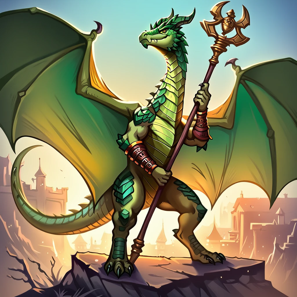 score_9, score_8_up, 2.5d, masterpiece, highres, absurdres, source_cartoon , 
BREAK
source furry, an anthro green half dragon Swashbuckler wearing Purple  medium armor holding a poison staff, claws, horns, tail, solo, yellow eyes, dark green horns, greendrg, (green scales:1.5), membraned wings, wings,