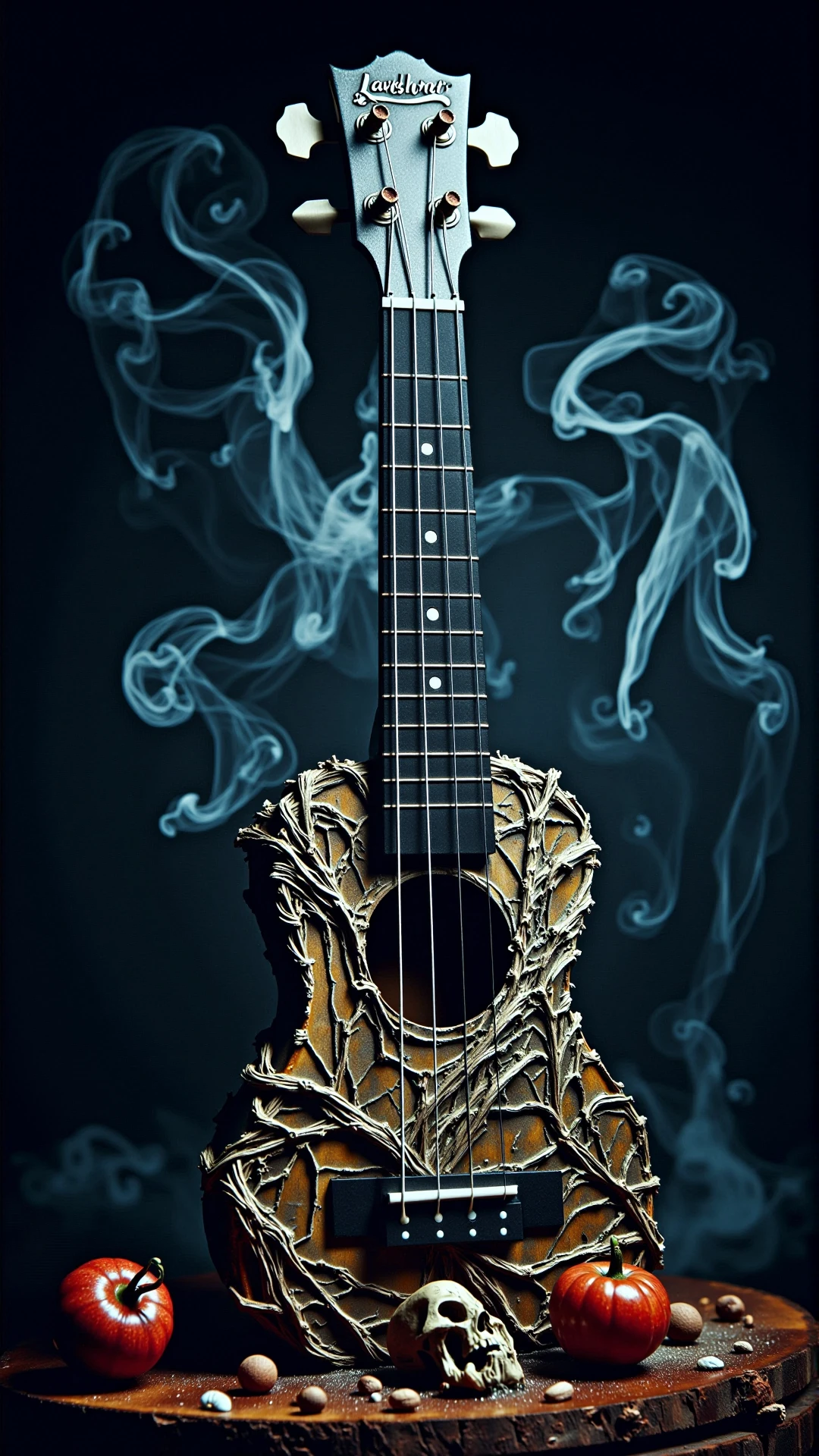 a photorealistic dark horror wickedness wet Ukulele <lora:DarkmosphericFlux:1> professional studio photography