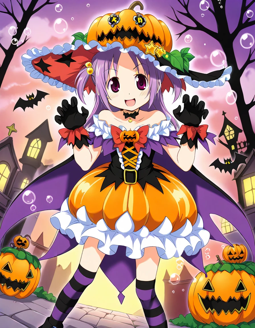 misono karin, halloween costume, bubble skirt, gloves, kneehighs, leaning forward, looking at viewer, smile, open mouth, v-shaped eyebrows, claw pose, full body, outdoor, dutch angle, <lora:20241012224748_misono_karin_animagine-xl-3.1:0.7>