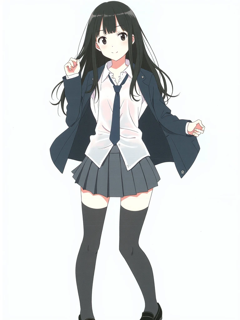 atori, an illustration of a schoolgirl in a classic uniform against a white background. She has long black hair, grey eyes, and a friendly smile. Her outfit consists of a white shirt, black necktie, open black jacket, and a short grey pleated skirt. She wears black thigh-high stockings and loafers.