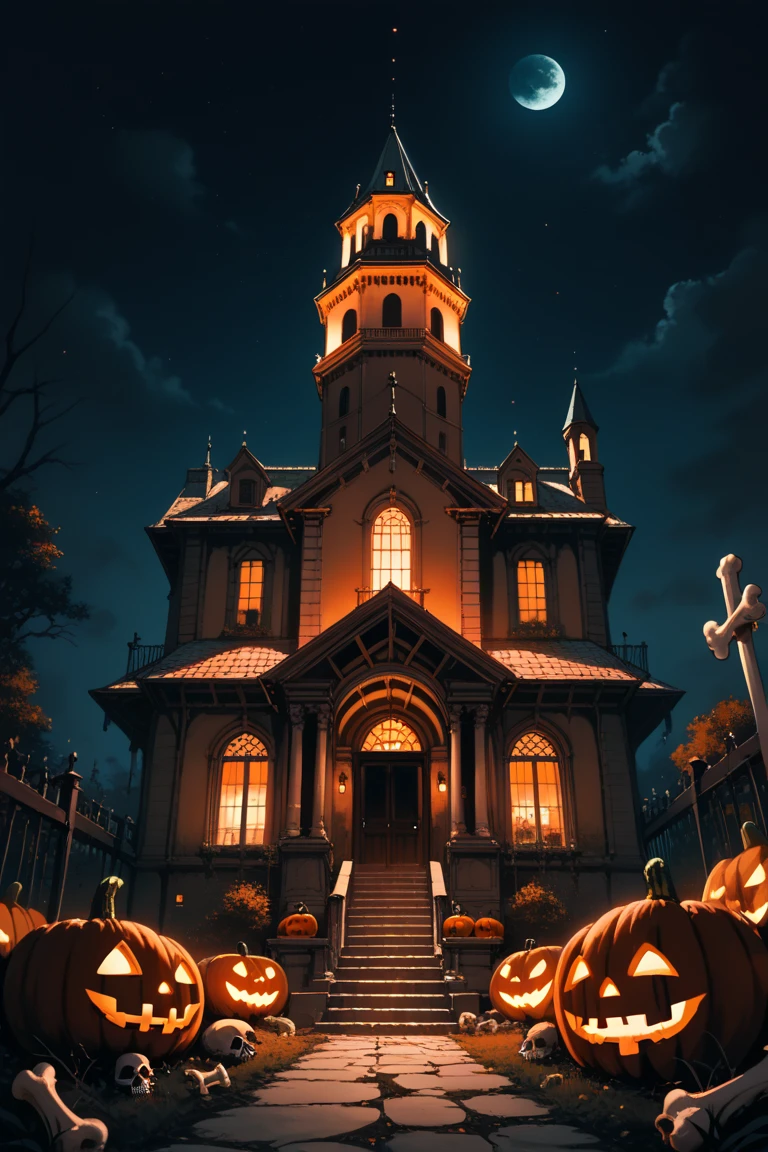 score_9, score_8_up, score_7_up, source_anime, rating_safe, night, dark, pumpkin, Halloween, natural lighting, bone-structure focus, Dabone, Dabone_architecture, tower no humans, bone, intricately detailed illustration, atmospheric perspective, depth of field, realistic shading, orange theme, horror (theme)