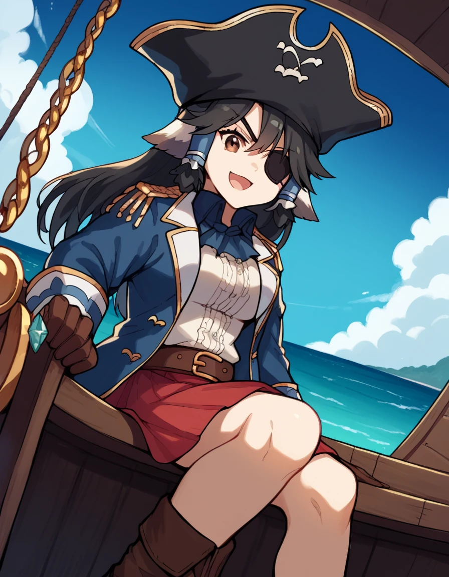 score_9, score_8_up, score_7_up, source_anime, <lora:utawarerumono-aruruu-s2-ponyxl-lora-nochekaiser:1>, aruruu, black hair, animal ears, brown eyes, dog ears, medium breasts,, <lora:pirate-costume-ponyxl-lora-nochekaiser:1>, pirate costume, pirate hat, skirt, gloves, jacket, shirt, eyepatch,, blue sky, sea, ocean, pirate ship, treasure, gold, smug, open mouth, from below, sitting,, , dutch angle, cowboy shot