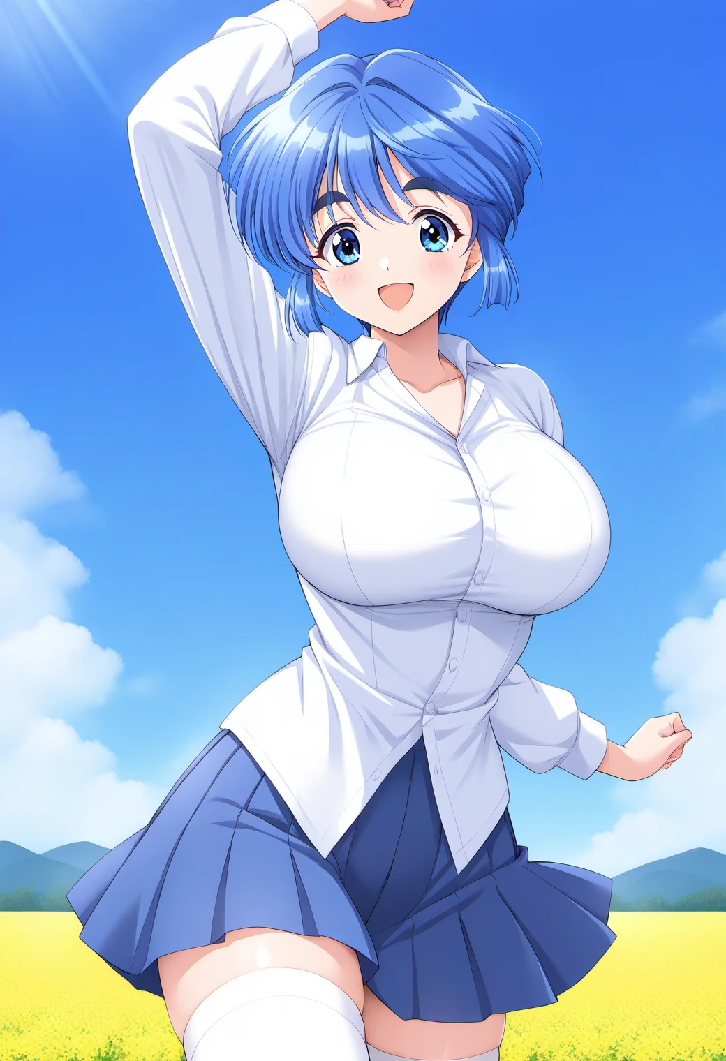 1girl, solo, (field:1.2), (blue sky:1.2), large breasts, smile, (cowboy shot, dynamic pose:1.2),
mamiya_chisato, blue eyes, blue hair, short hair, thick eyebrows, collared shirt, long sleeves, pleated skirt, white thighhighs, <lora:mamiya_chisato_illustrious_ver1:0.8>, masterpiece, best quality, ultra-detailed, very aesthetic, newest,