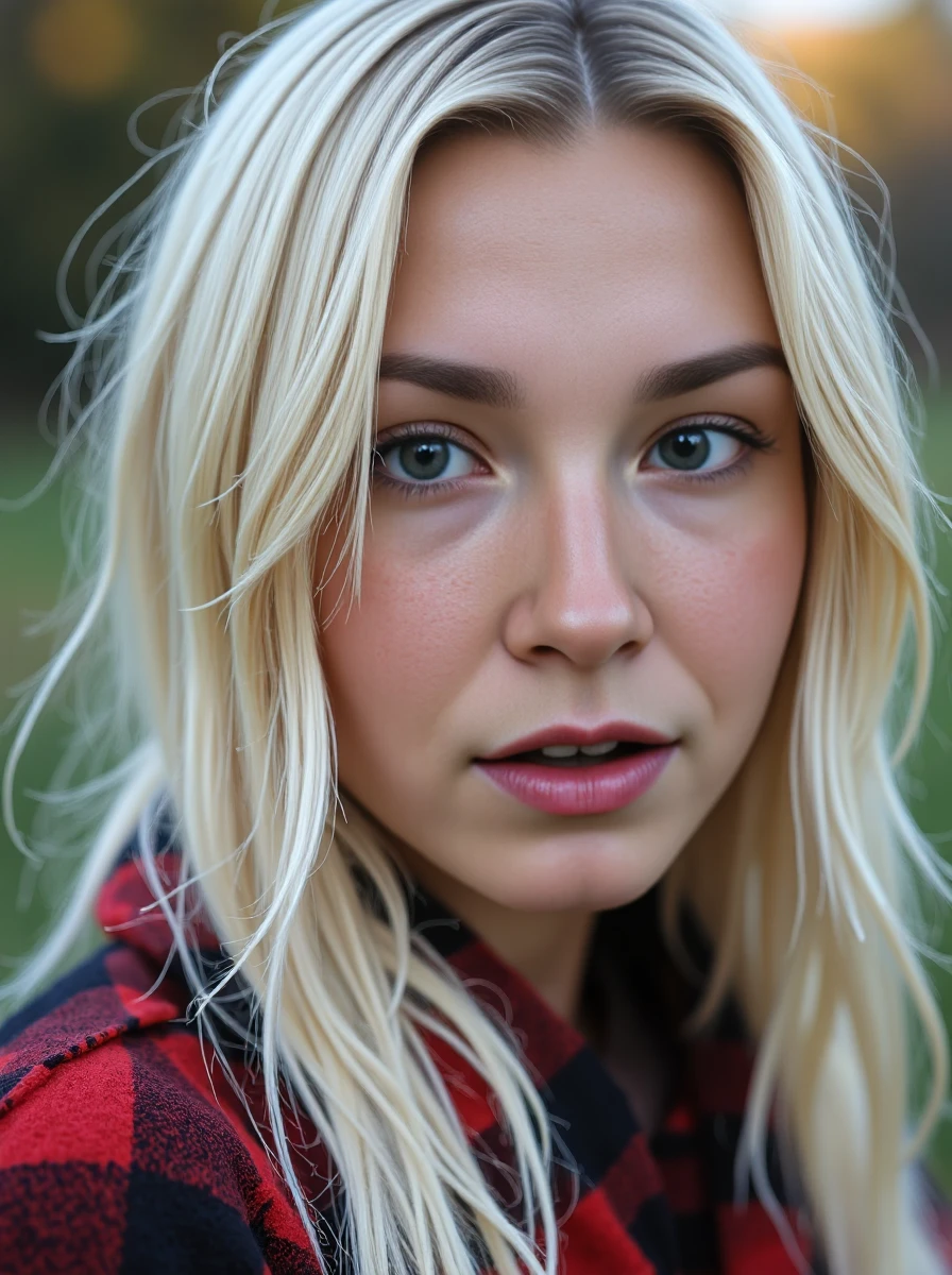 close up of a woman, she has sleek long platinum-blonde hair with a messy style, her skin has a high detailed texture and shows details like moles, small hairs and pores. She is wearing an outdoor picnic attire with a checkered blanket-style poncho, leggings, and duck boots, perfect for a crisp autumn day. Her expression is confident, she is looking at viewer. Set outside, with colod colors lighting. <lora:clairelora-000012:1.1>