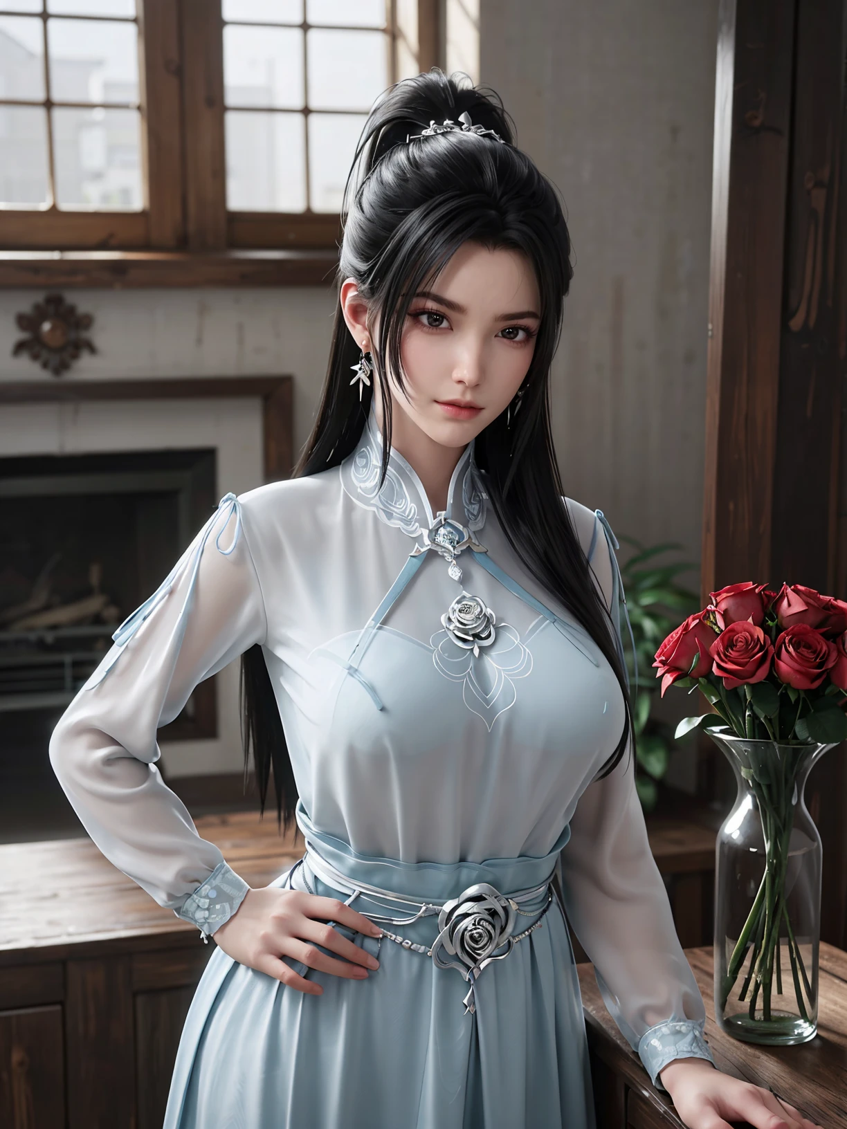 detail clothes,high detail,best quality,8k,absurdres,highres,
<lora:ningyao-gf:0.6>,ningyao,1girl,solo,dress,earrings,large breasts,hair ornament,black hair,closed mouth,expressionless,jewelry,(ponytail:1.1),long hair,(pale skin:1.5),(shiny skin:1.3),(white skin:1.3),looking at viewer,light smile,hand on own hip,
living room,modern sense,glass vase,(red rose:1.2),(lots of roses:1.2),perfect light,shiny,glowing,(blight:1.4),shiny,window,morning,
(side slit:1.2),(leaning to the side:1.2),