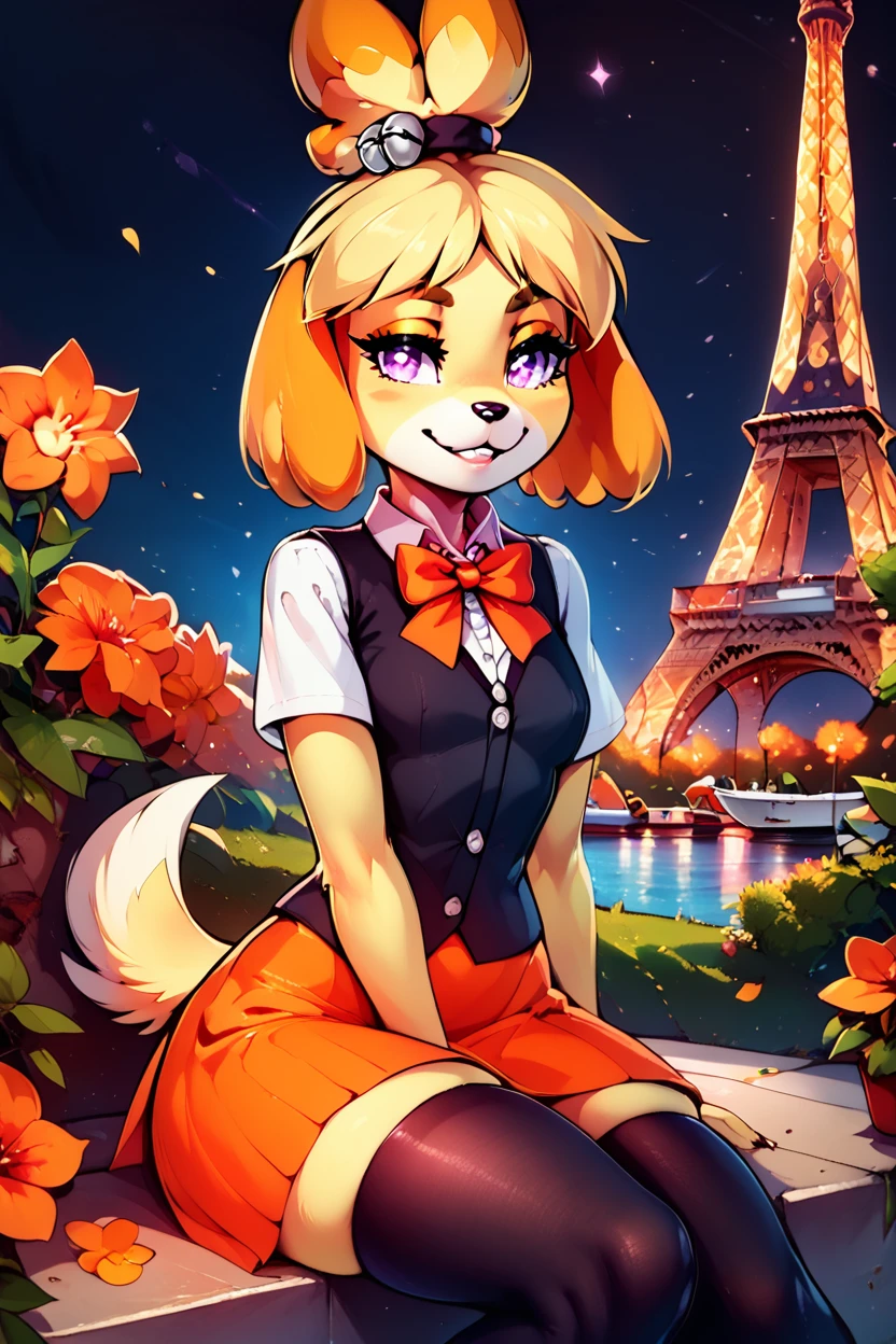 score_9, score_8_up, score_8, medium breasts, (curvy), cute, eyelashes,       BREAK, ,  zzFallIsabelle, short hair, blonde hair, animal ears, bow, furry female, dog girl, topknot, purple eyes, skindentation, animal nose, bright pupils, furry,  black vest, orange skirt, orange bowtie,  white shirt, short sleeves, collared shirt, black thighhighs,  <lora:FallIsabelle_PDXL_v2:0.8>, BREAK, zzEiffelTower in background, sitting, watercraft, boat, sitting on wall, side view, looking at viewer, smile, ,,, BREAK, blooming stars, luminescent petals, otherworldly fragrance blurry background, ,,, embedding:zPDXL, Expressiveh, ,,, <lora:EiffelTowerPDXL:1.0>, <lora:CatalystStylePDXL:0.6>, <lora:SDXLFaeTastic2400:0.5>, <lora:Expressive_H-000001:0.4>,