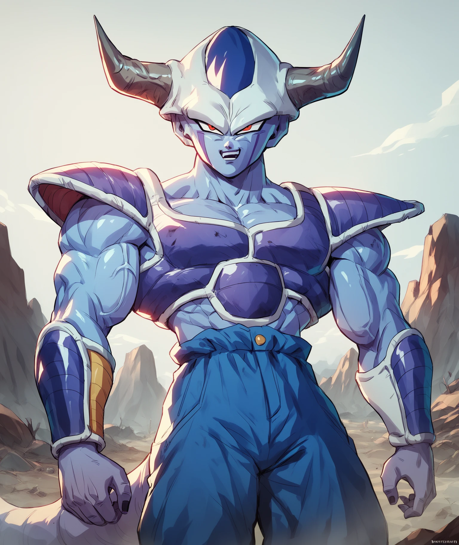<lora:Friezas_Race_Dragon_Ball_Z_Frost_demon_Frieza_Clan:1> frost demon, horns, blue color scheme, wasteland, saiyan armor, blue skin, score_9, score_8_up, score_7_up, masterpiece, high quality, 8K, <lora:detailed_notrigger:1>