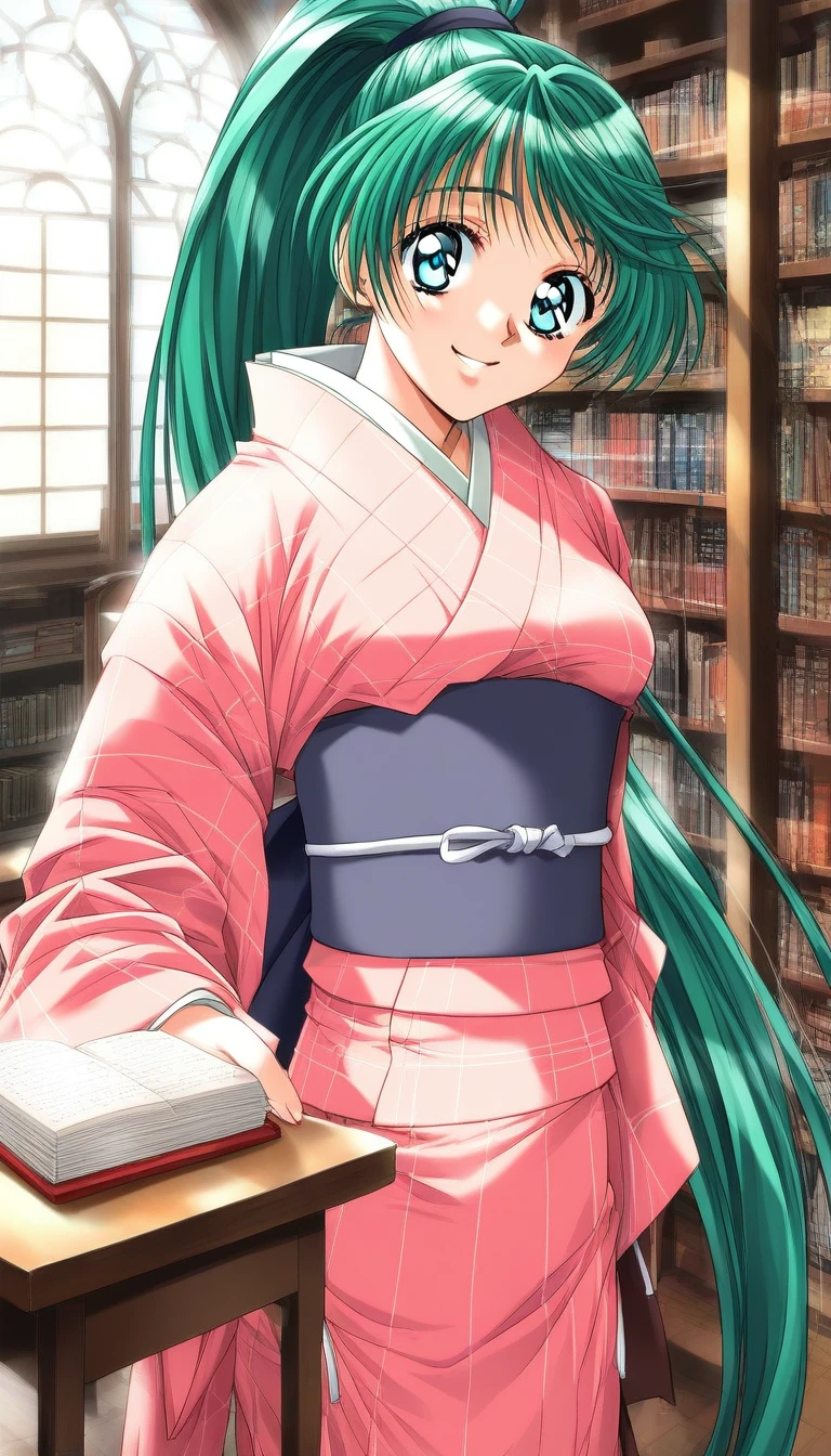 score_9, score_8_up, score_7_up, source_anime, rating_explicit, BREAK  <lora:Narahara_Narumi_XL:1>Narahara_Narumi, green hair, blue eyes, very long hair, ponytail, breasts,
1girl, solo, japanese clothes, book, pink kimono, window, smile, indoors, 1990s (style), long sleeves, bookshelf, looking at viewer, day, holding, retro artstyle, sash, chair, library, table, aqua eyes