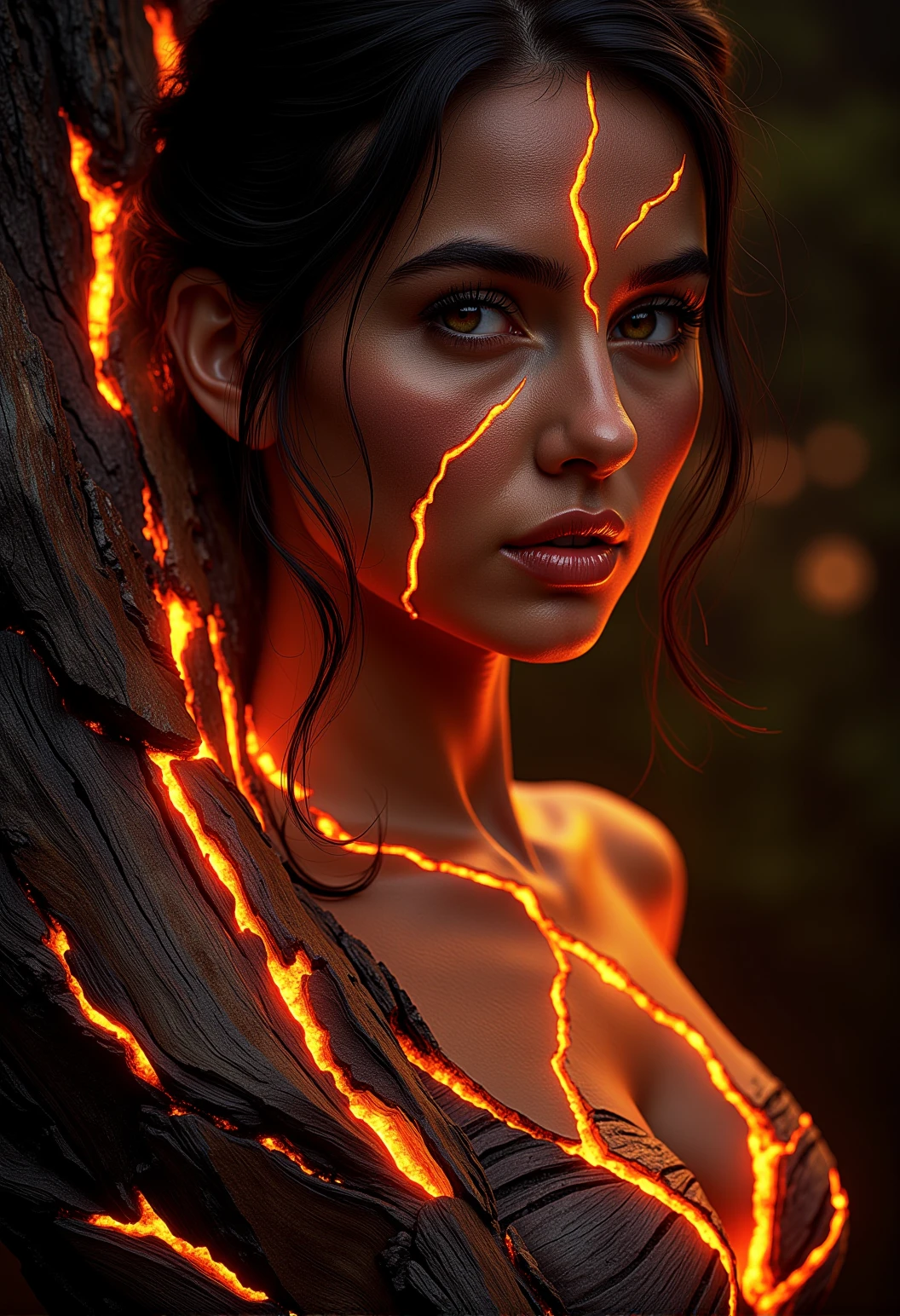 A midrange shoot of a beautiful woman whose skin is partially embellished with glowing wood veins that flicker softly in the light, her eyes open and captivating, her hair draped around her face, glowing faintly in the cinematic light|A close-up of a tree with ember-like veins glowing faintly against a fiery twilight sky, with wooden veins flickering softly, glowing subtly in a few sections}|A panoramic view of a glowing wooden temple at dusk, with parts of the wooden structure softly glowing, casting gentle light onto the surroundings}} Epic cinematic lighting, soft glowing wood textures, subtle embers, dramatic shadows, backlit glow, high contrast, lens flare, deep focus, ultra-realistic details, vivid colors, high dynamic range, volumetric lighting, breathtaking scale, photorealism, hyper-sharp focus, intricate details, stunning cinematic atmosphere. , <lora:bv-glowing-wood-v1.safetensors:0.5:0.5>