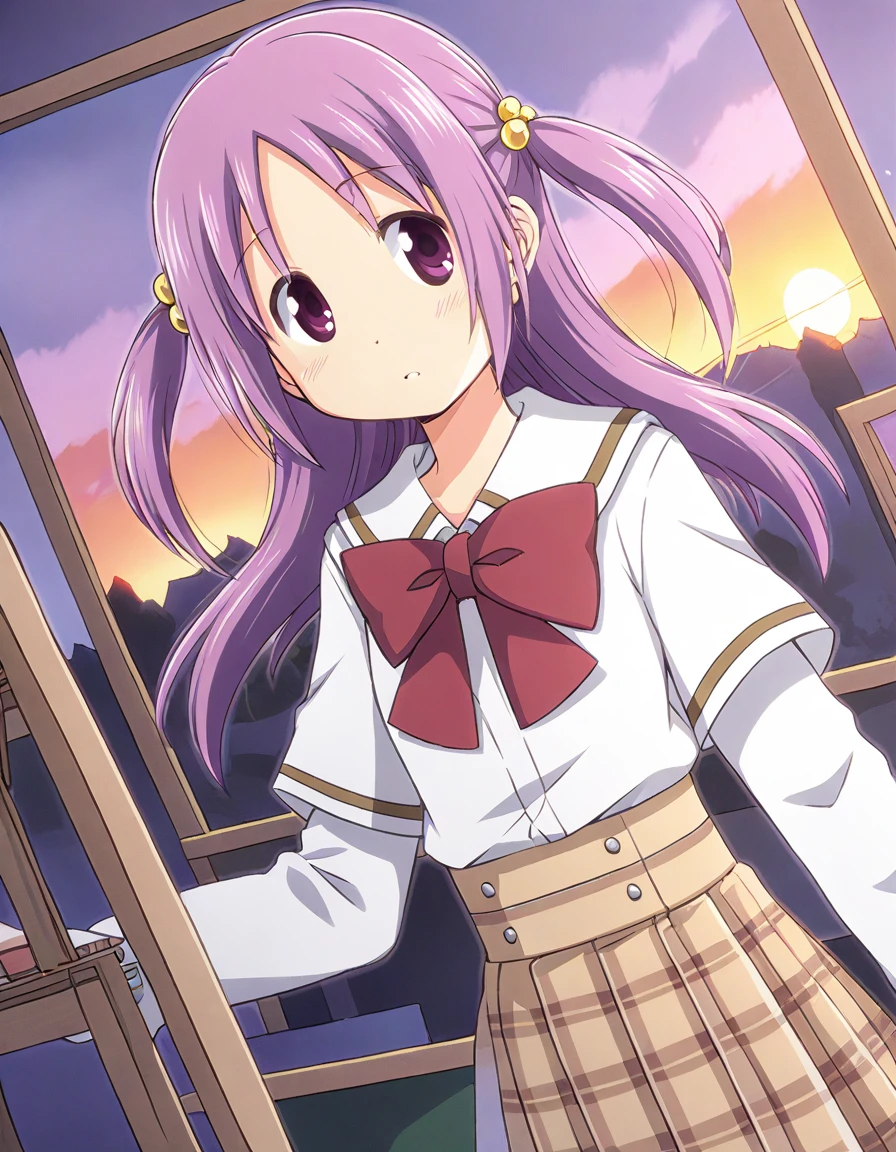 misono karin, school uniform, white shirt, layered sleeve, white long sleeves, solo, art room, easel, dusk, dutch angle, <lora:20241012224748_misono_karin_animagine-xl-3.1:0.7>