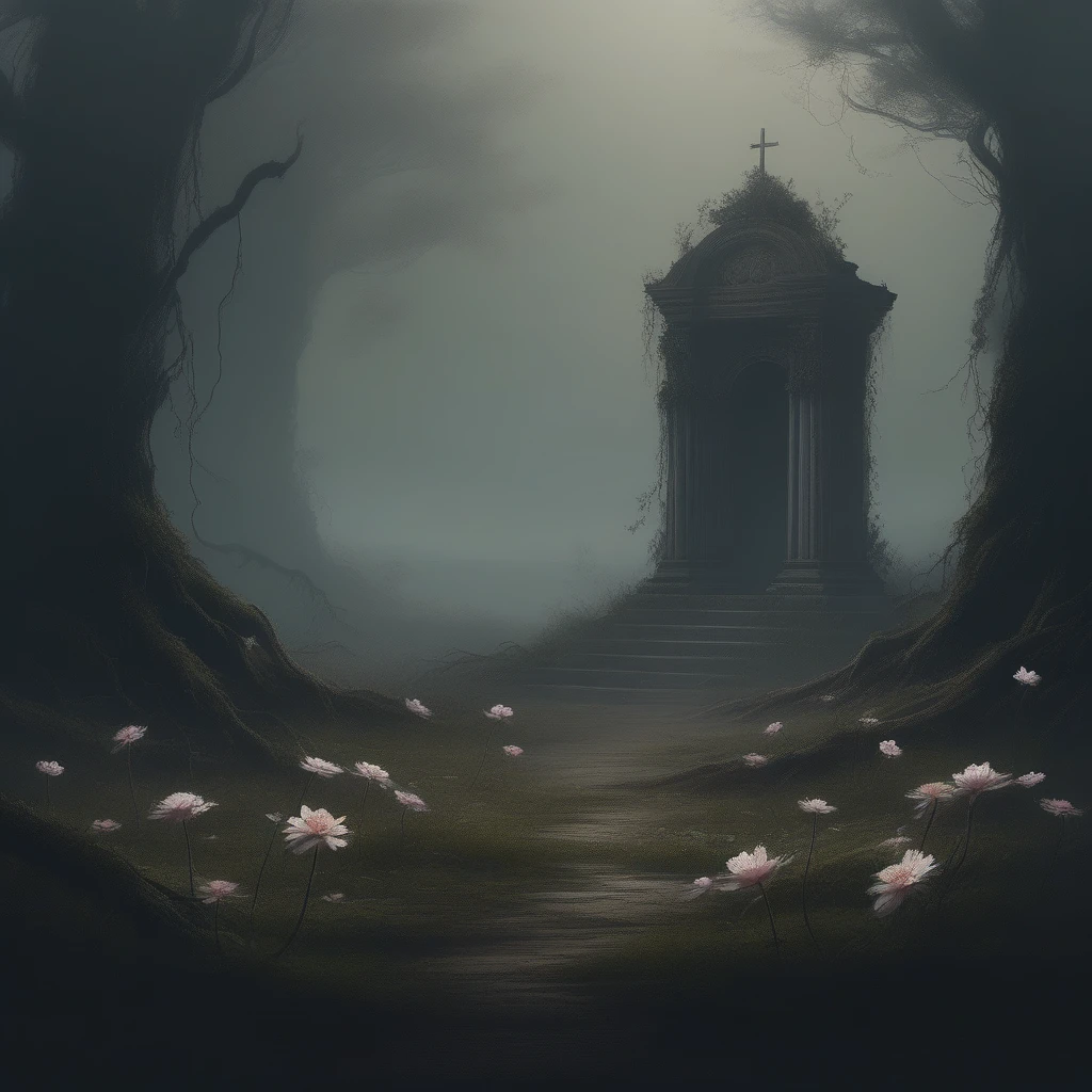A dark, decaying altar covered in roots and strange blooming flowers, each petal bearing ghostly, whispering faces resembling a mother and daughter. Their expressions are frozen in fear and anguish, as if trapped in the petals for eternity. The forest is silent, dense mist rolling over the scene. The sky above is cloudy, with faint streaks of pale moonlight breaking through. The flowers pulse slightly, their faces shifting subtly in the eerie breeze, whispering haunting phrases. In the distance, the path back through the forest is visible but blocked by writhing vines, as if waiting for the next sacrifice.