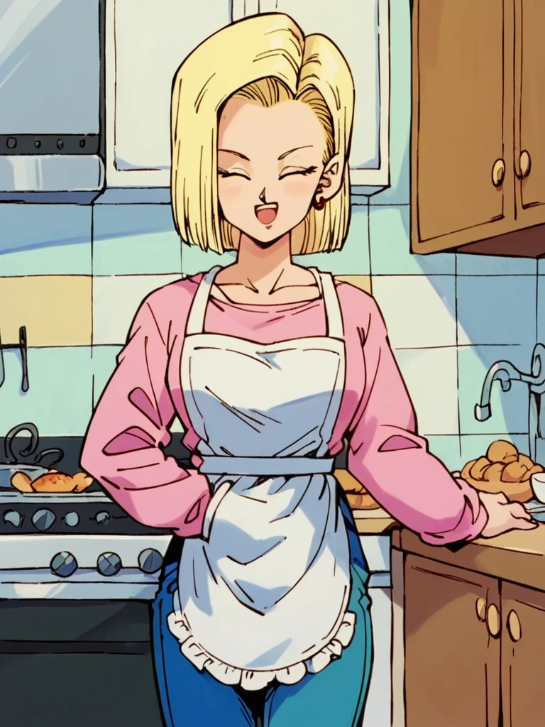 score_9, score_8_up, score_7_up,
1girl, android 18, blonde hair, medium hair, asymmetrical hair, blue eyes, earings,
standing, closed eyes, smile, open mouth, looking at viewer, jeans, pink t-shirt, long sleeves, white apron, standing, kitchen,