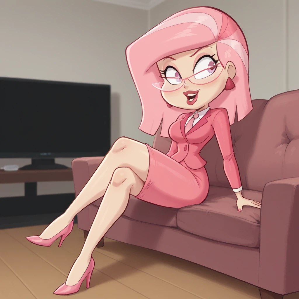 score_9_up, score_8_up, BREAK, MsPink, 1girl, solo, pink hair, pink eyes, glasses, formal, pink suit, pink necktie, pencil skirt, pink high heels,  <lora:MsPink_Kellogg_PXL_Leaf1:0.8>, indoors, sitting on couch, arms at sides,