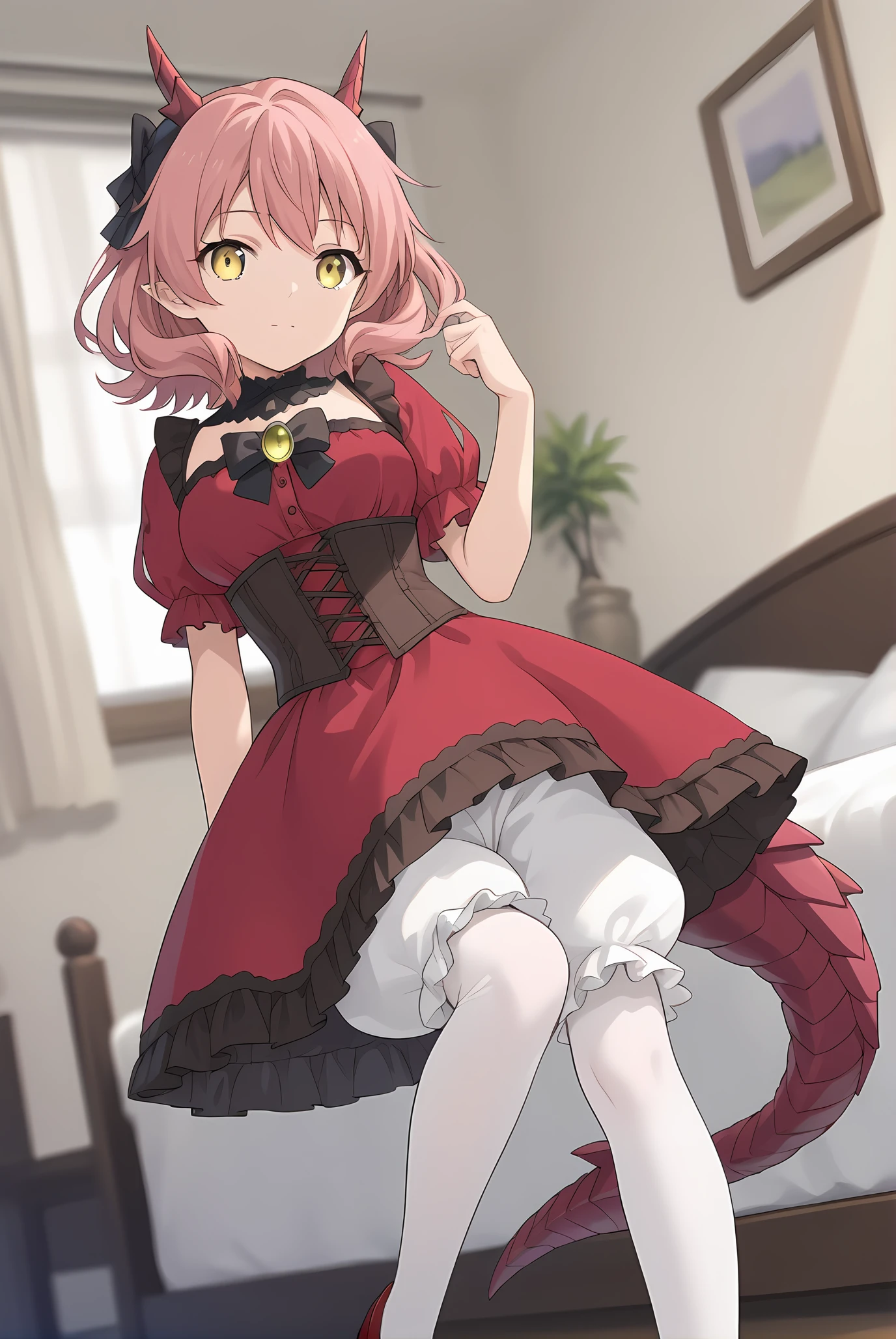 (red dress black bow brown corset white pantyhose bloomers red flats:1.30), km-hanako, yellow eyes, pink hair, medium hair, short horns, dragon tail, medium breasts, 1girl, solo, skinny, score_9, score_8_up, score_8, score_7_up, score_7, score_6_up, score_6, score_5_up, score_5, source_anime, lewd, bedroom, (0.2:close-up depth of field:1.20), (:1.20), , <lora:km-hanako-V01-000003:0.70>