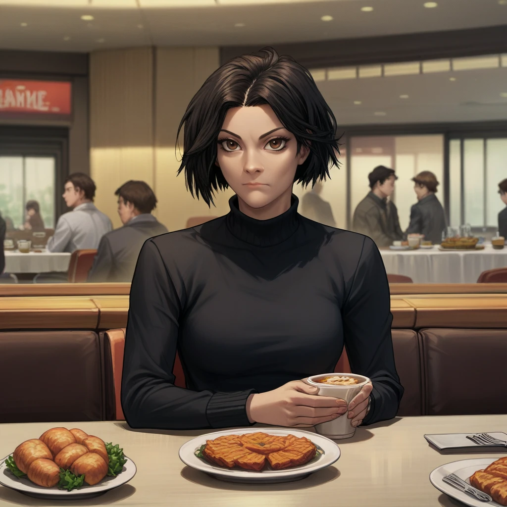 rating_safe, zPDXL3, score_9, score_8_up, score_7_up, score_6_up, score_5_up, score_4_up, highres, incredibly absurdres, highly detailed, sitting, pov, across table, table, restaurant, crowd, food, closed mouth, 1girl, solo, <lora:Jane_Doe:0.6> blindjane, black hair, short hair, brown eyes, neck tattoo, black turtleneck sweater, looking at viewer,  <lora:Dark_Side_of_Dimensions:0.7>