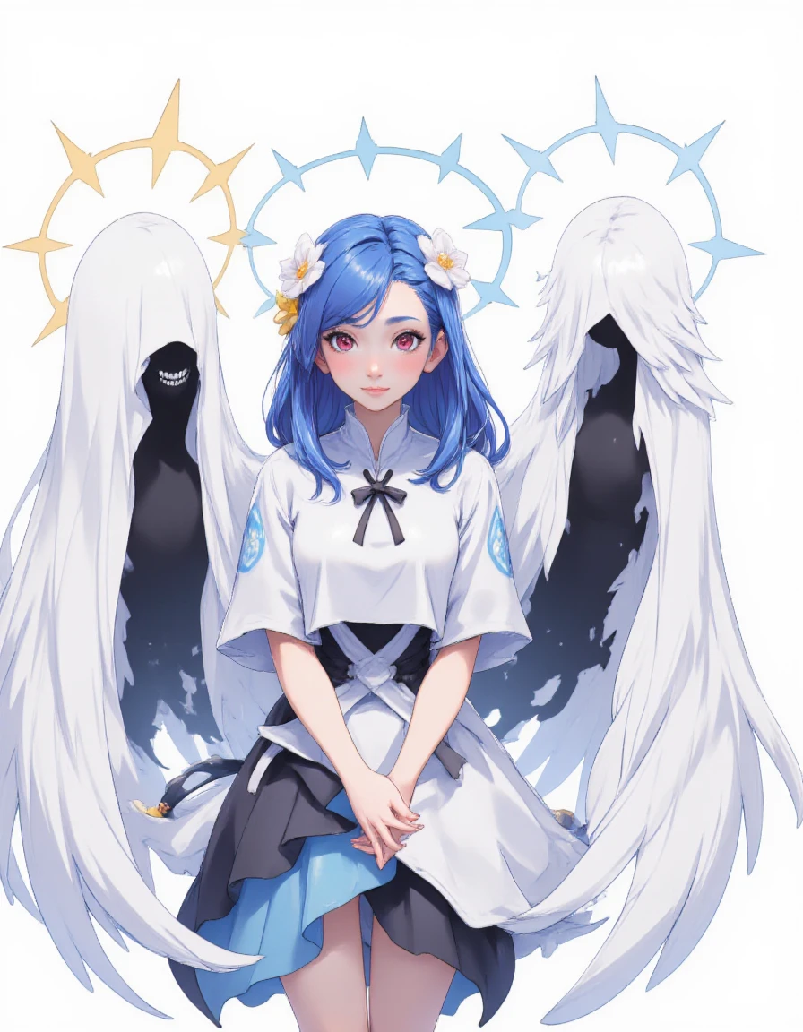 <lora:BStyle:1> bstyl3, <lora:fluxGuilty_Gear_StriveQueen_Dizzy:0.7>  queendizzy, flower hair ornament, blue hair, wings, tail, red eyes ,long hair, upper body, calm, smile, at peace, demon wing, angel wing