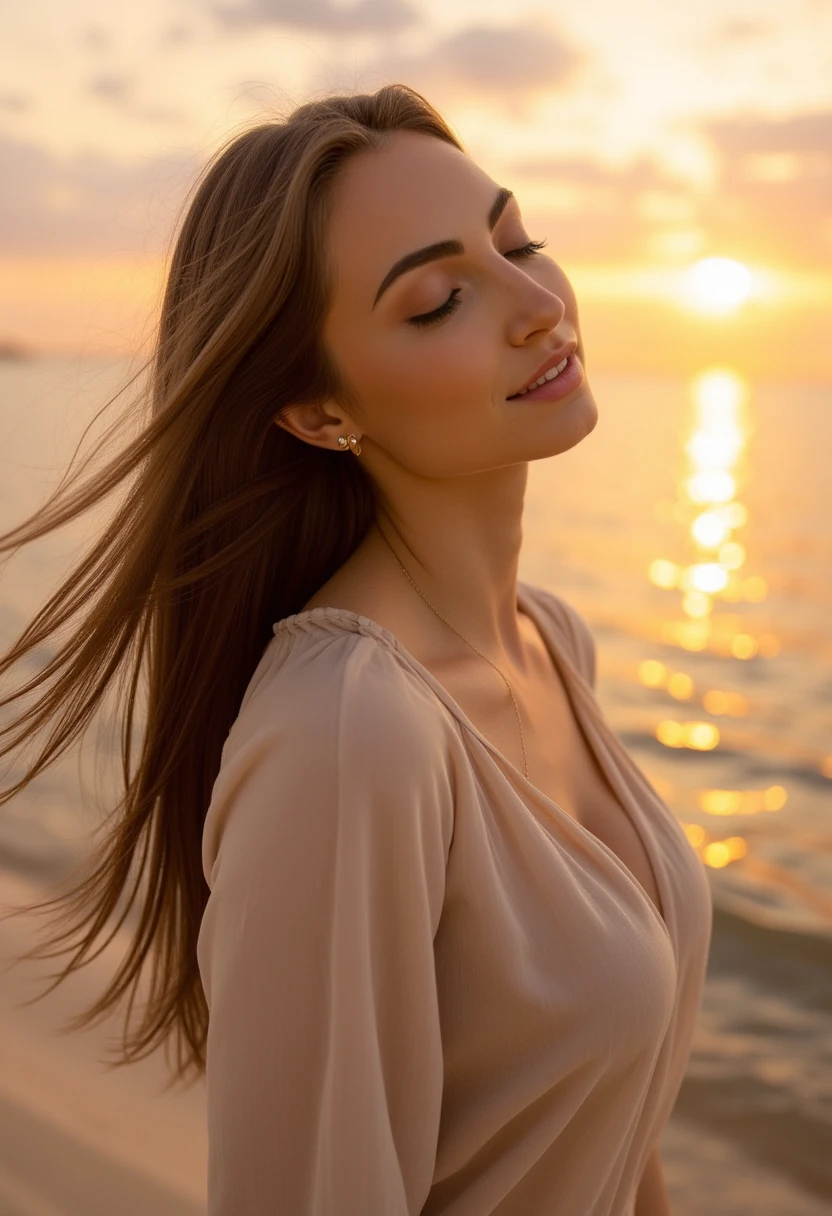 The image is a high-resolution photograph capturing a serene and contemplative moment at sunset. The subject is a young woman with long, flowing hair that appears to be caught in a gentle breeze, creating a dynamic, almost ethereal effect. She is positioned in the center of the image, facing slightly to the right, with her head slightly tilted and eyes closed, suggesting a meditative state. Her skin is smooth and lightly tanned, and she has a serene expression. She is wearing a loose, light beige blouse made of a soft, slightly crinkled fabric that enhances the casual, relaxed atmosphere of the scene. The background features a calm, golden-hued ocean with gentle waves reflecting the warm light of the setting sun, which is positioned just above the horizon on the right side of the image. The sky is a gradient of soft oranges and pinks, adding to the tranquil and romantic ambiance. The overall mood of the photograph is peaceful and introspective, with a focus on natural beauty and the calming effect of the sunset. The image is rich in texture, with the hair and fabric of the blouse adding depth and detail to the scene. 4NN4L0U1S3