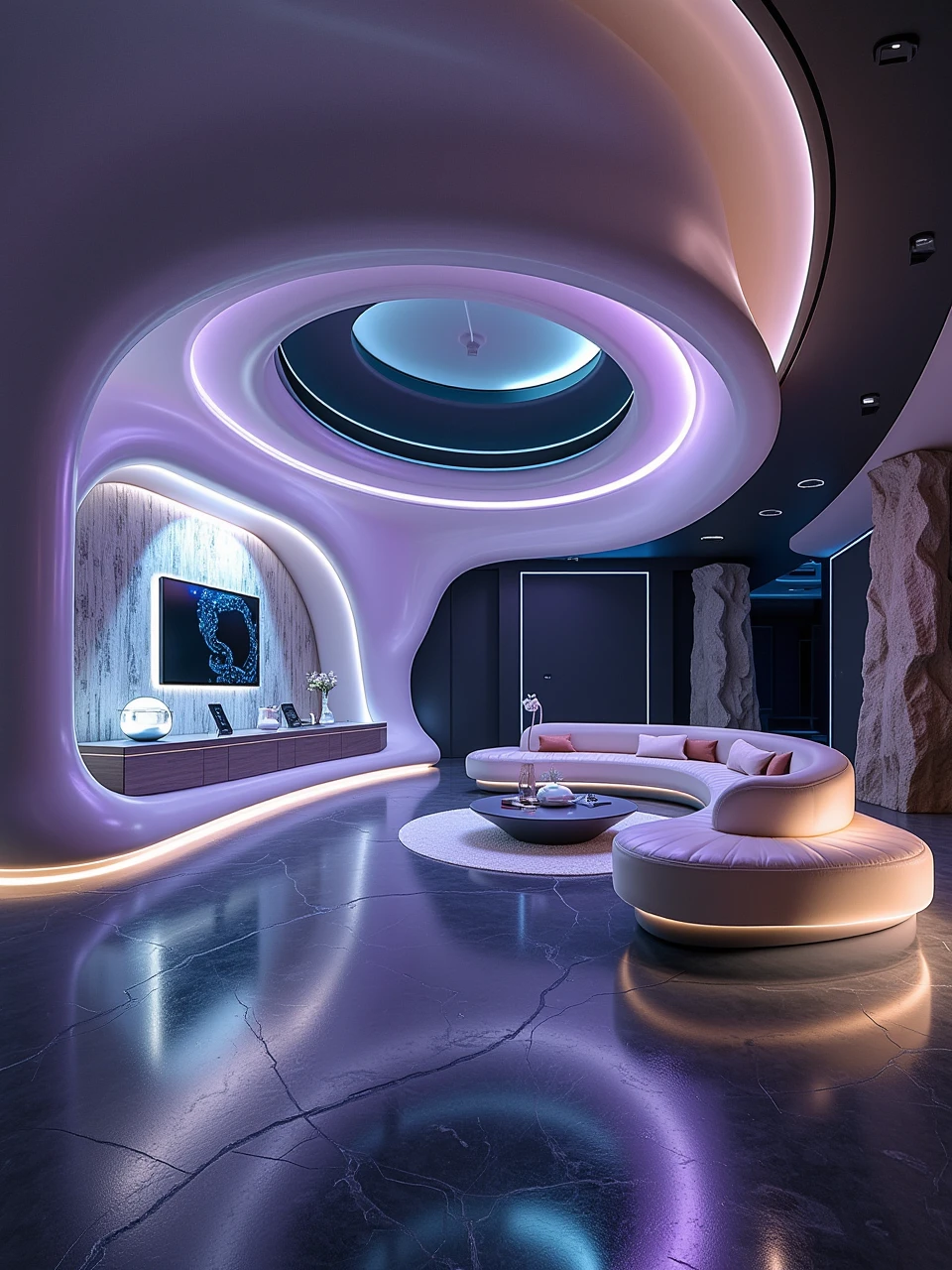 spacebylaushine,futurist-curve space,sci-fi of a large living room in house,blocked wall space,reflective wall and floor,illuminated by spotlight,with modern couch and table.There is a high-tech TV on the wall