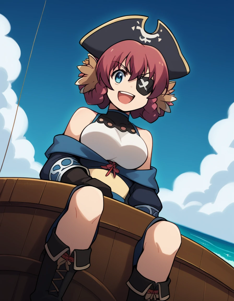 score_9, score_8_up, score_7_up, source_anime, <lora:utawarerumono-nosuri-s2-ponyxl-lora-nochekaiser:1>, nosuri, short hair, blue eyes, animal ears, braid, red hair, large breasts,, <lora:pirate-costume-ponyxl-lora-nochekaiser:1>, pirate costume, pirate hat, skirt, gloves, jacket, shirt, eyepatch,, blue sky, sea, ocean, pirate ship, treasure, gold, smug, open mouth, from below, sitting,, , dutch angle, cowboy shot