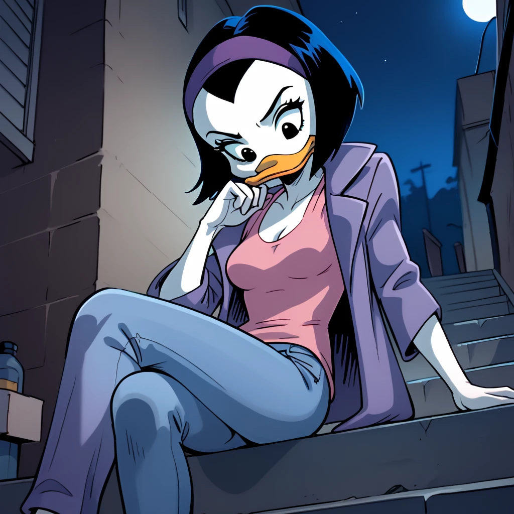 score_9, score_8_up, score_7_up, 1girl, solo, uncensored, kay-k, duck girl, bill, serious, looking down, elbow rest, leaning back, sitting on stairs, short black hair, purple hairband, white skin, purple coat, pink shirt, (blue jeans:1.1), outdoors, night, moody, lamppost, alley, night, dark  <lora:KayKXL_v1.1:1>