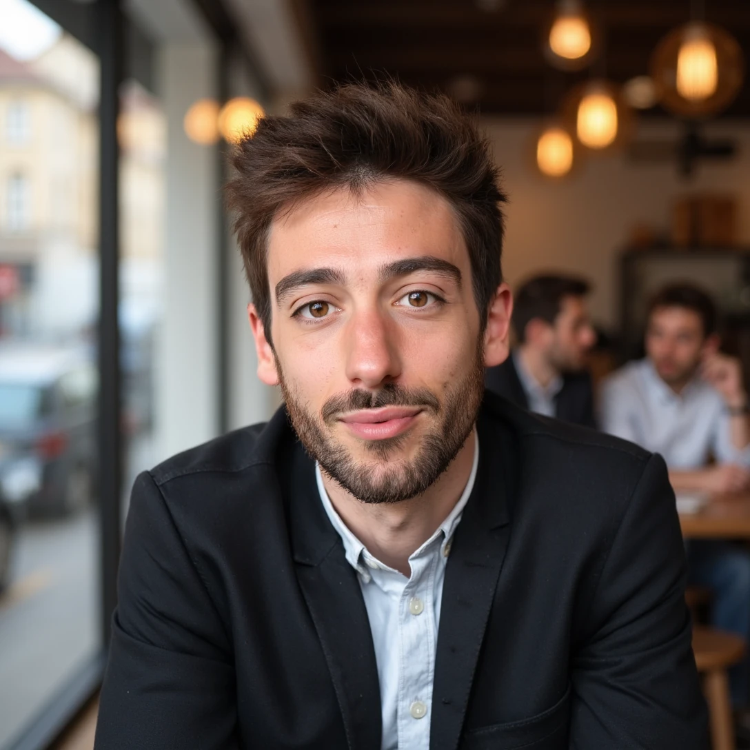 Portrait of (Alexandre, 22 yo male, facial hair), looking at the camera, parted lips with a slight smile, sitting at a coffee shop, casual clothes