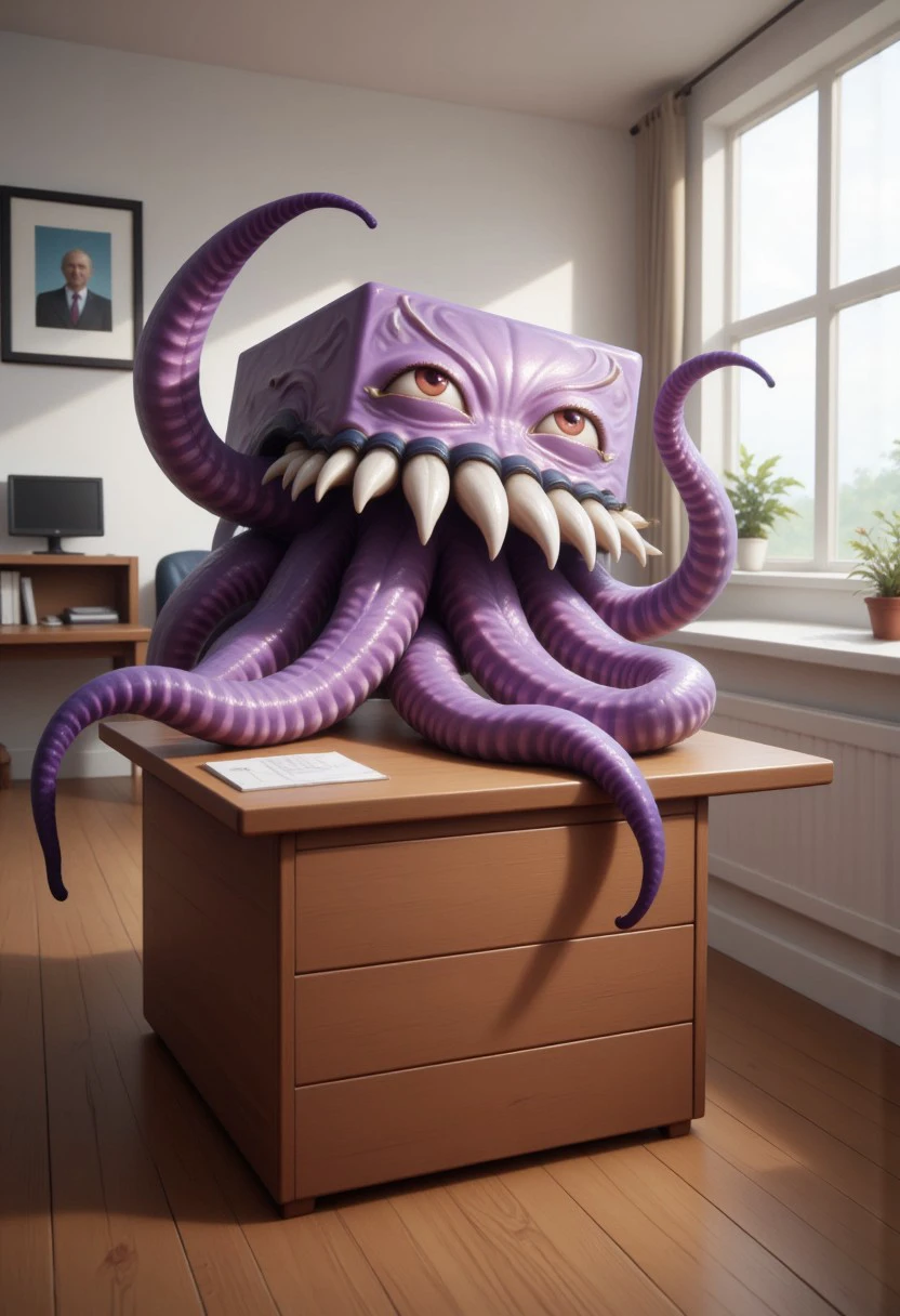 The image is a highly detailed, digital artwork featuring a stylized, anthropomorphic octopus. The 8-tentacled purple octopus is depicted with a unique, cube-shaped body. It is standing on an office desk.