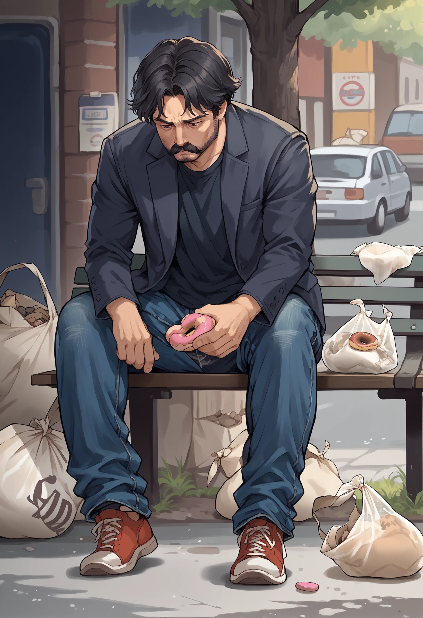 score_9, score_8_up,score_7_up, source_anime, 1boy, solo,
sdknpb, sitting on bench, outdoors, park bench, hand on own knee, sad, leaning forward, looking down, 
new york, busy street, yellow cab, motor vehicle, pigeon, bird, trash bag, litter, coffee cup, doughnut, plastic bag, 
 1boy, denim, long sleeves, jeans, blue pants, male focus, facial hair, black jacket, black hair, black shirt, shoes, mustache, short hair, sneakers, open jacket, keanu reeves, 
<lora:sdknpb_pdxl_EliPot:1>  <lora:purah-pdxl-nvwls-v1:1>