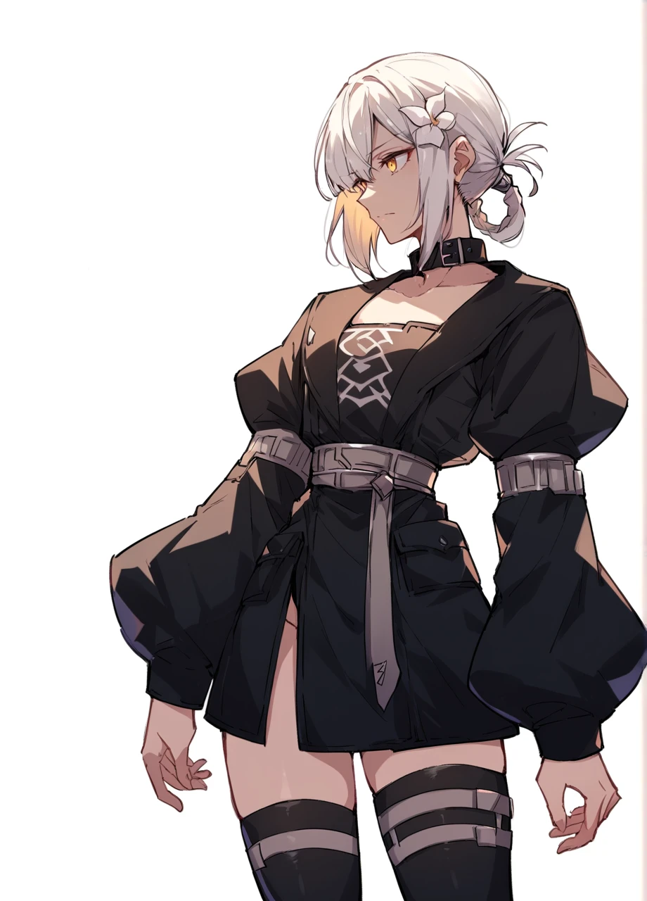 1girl, solo, white hair, hair flower, yellow eyes, hair ring, kainerein, collar, black dress, long sleeves, arm garter, thigh boots, standing, cowboy shot, white background  <lora:Nier_Kainer-PONY:1>, score_9, score_8_up, score_7_up, score_6_up,