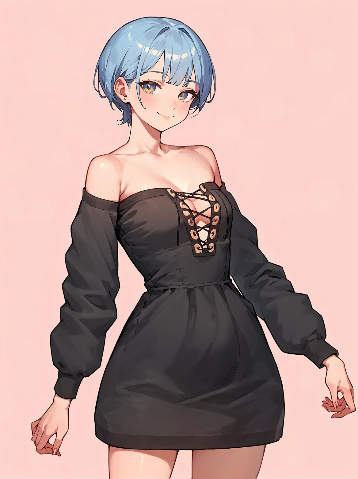 score_8_up, score_7_up, score_6_up, source_anime, 1girl, solo, simple background, pink background,
standing, pose, contrapposto, arched back, cowboy shot, facing viewer
smile,
off-shoulder dress, black dress, <lora:Lace-up_Dress:1>