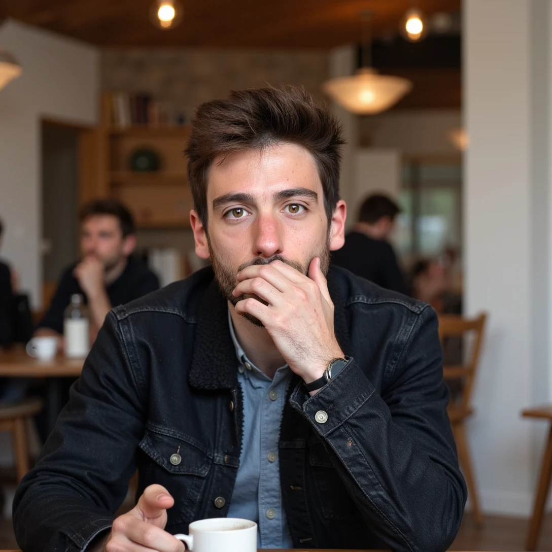 Portrait of (Alexandre, 22 yo male, facial hair), looking at the camera, slurping, sitting at a coffee shop, casual clothes