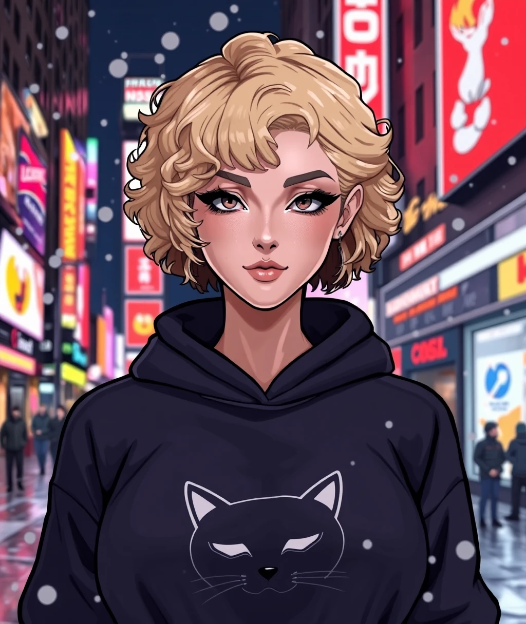 MikeyPie Art \(Artist\), 1 woman with short blonde curly hair, black hoodie with a minimalistic cat design on the front, wearing with eyeliner, background is a street view of Newyork times square at night, neon signs in the background, it is snowing