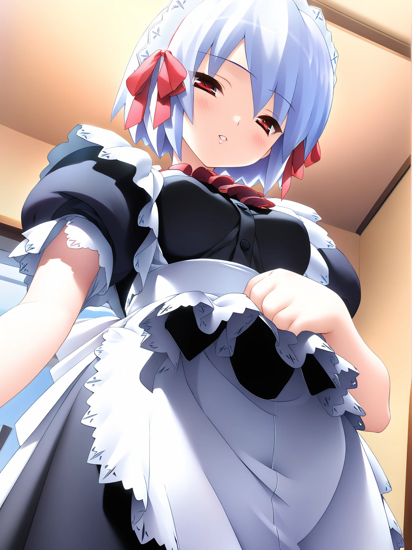 (((Pixel Perfect, Perfect detail))), Alone, 1 Girl,  memory, Roswaal Mansion maid outfit, Maid Tiara, bedroom,Looking at the audience,(Disgust,anger) Shut your mouth.，(Big skirt flip:1.3),To the navel,No panties,Love juice