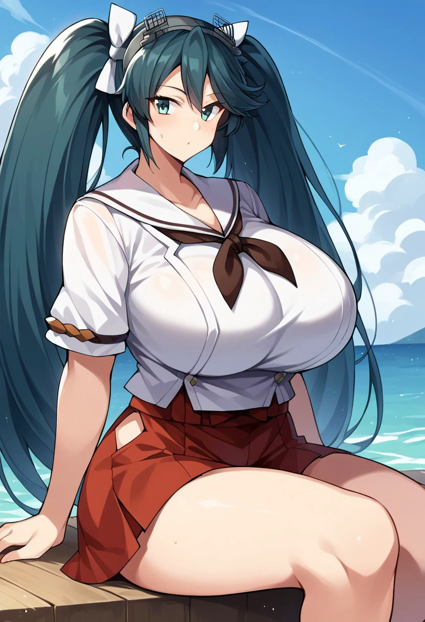 High school girl in high heels sitting on the ground, Wearing a sailor suit, Chic, cutesexyrobutts, Commission for high resolution, Beautiful anime girl, oppai proportions, oppai, Ecchi anime style, range murata and artgerm, thick thigths, Anime Girls, large thighs, SFW version, [ 4 k digital art ]!!, Voluptuous body, curvy body, Tifa Lockhart, Naughty anime style, plus size model, Scruffy body,Erotic cartoon style body, Married woman's big ass,Eros of a married woman, Married woman style, Married woman atmosphere, Pose with big buttocks sticking out on all fours