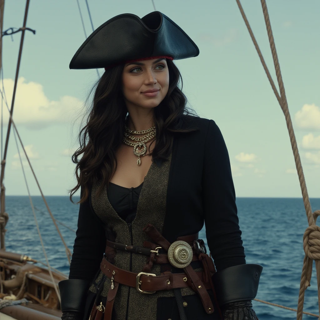 Candid photo of a pirate woman with long wavy black hair in the see breeze standing on the front mast of a pirate ship looking contently into the distance. She is wearing a pirate's hat and has a rapier sword strapped to her waist., , <lora:anarmas_local_v2_large-merge_41v1_11v3_04_06_05_11v4_05:1>