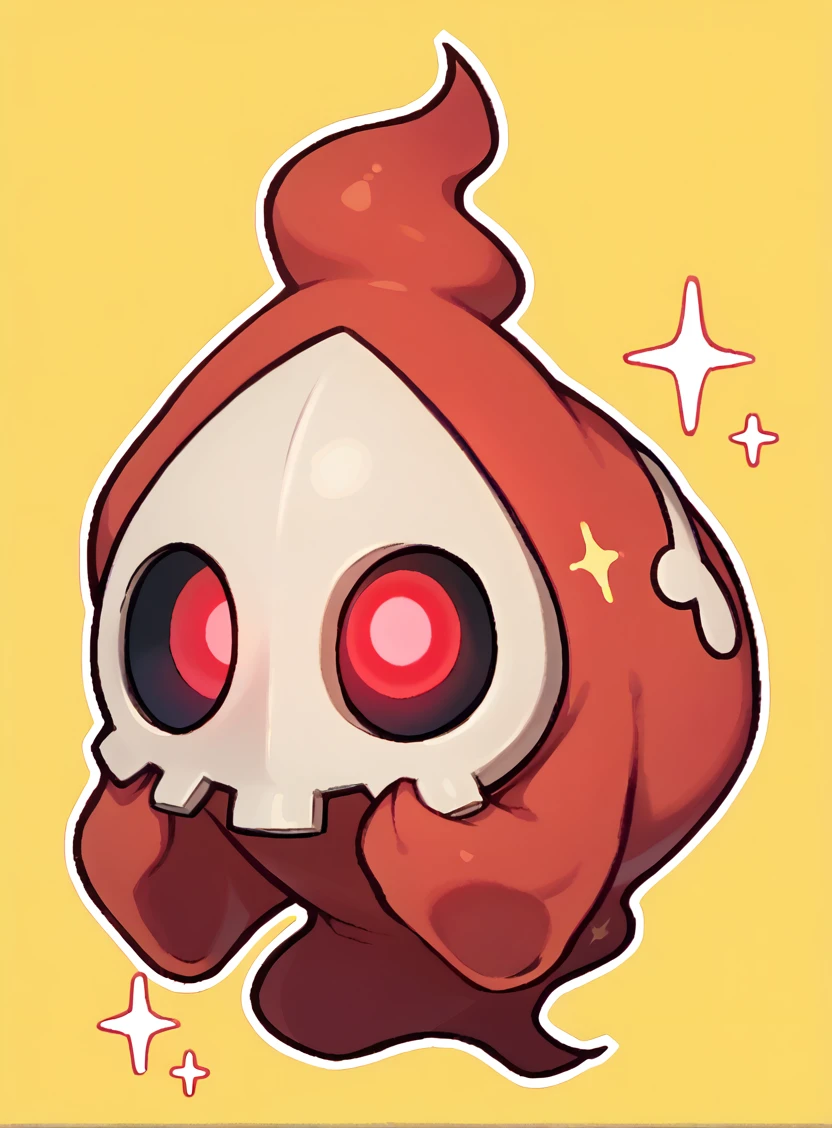 score_9, score_7_up, full body, chibi, floating, looking at viewer, hand on own face, sparkle, <lora:DuskullPKMN-pdxl:1> dusku11, pokemon \(creature\), no humans, mask, red eyes, red skin, ghost, yellow background, white outline