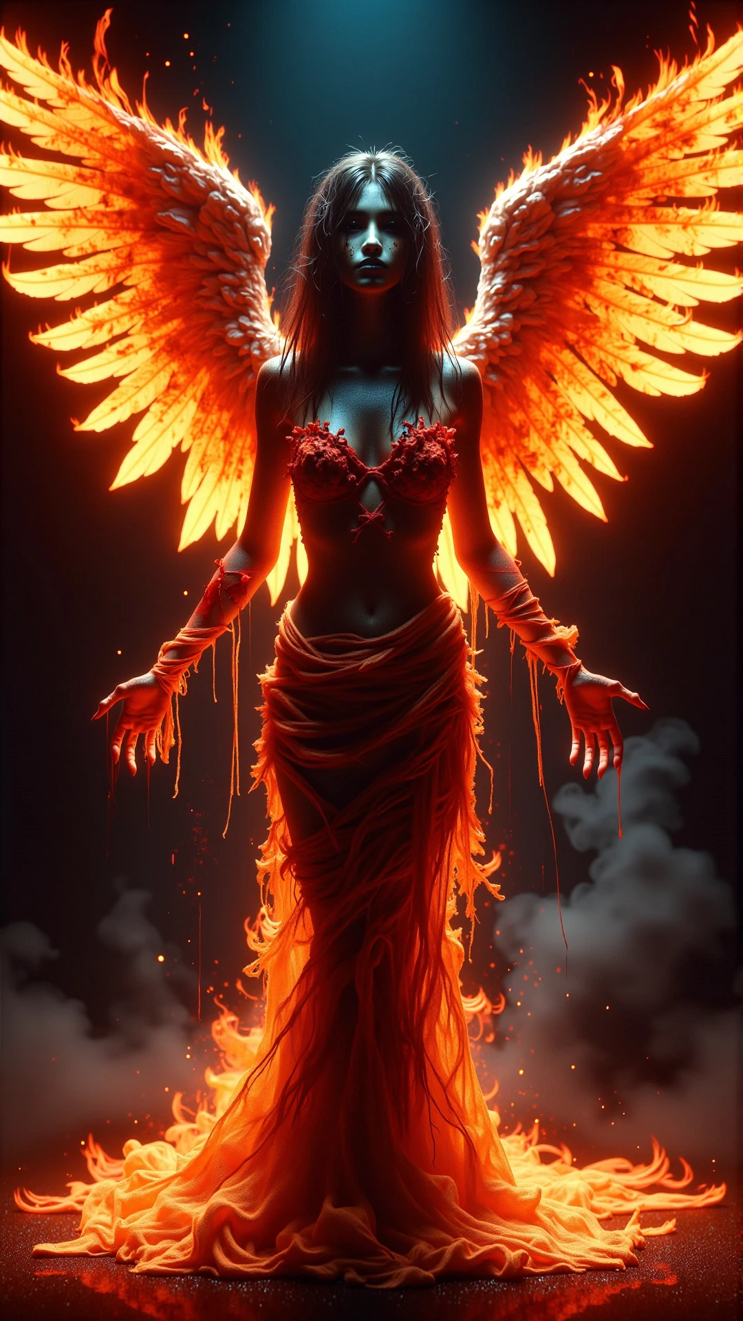 a photorealistic dark horror bloody drenched a beautiful angel with flaming wings, brown hair, medium shot, fantasy painting, glowing! fiery aura feathers, concept art, global illumination, tankoban, 4 k, fantasy painting, pixar animation style, very very very very very very very very very beautiful by artgerm, rossdraws, wlop, james jean. <lora:DarkmosphericFlux:0.9> professional studio photography