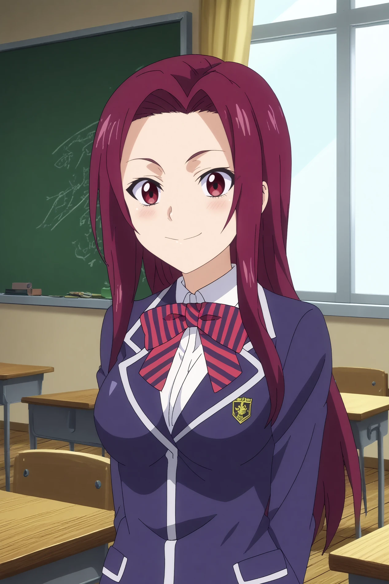 Sakaki Ryoko,1girl,solo,looking_at_viewer,purple hair, long hair,smile,breasts,school uniform,jacket,stripped bow,smile,blush,arms behind the back,upper body BREAK indoors,japanese classroom,classroom,simple decor, organized shelves, neat rows, kanji on the board,windows,blue sky,Wooden floors, low desks, chalkboard, sliding doors, sunlight, quiet, neat rows,cowboy shot   <lora:Sakaki_Ryoko_-_Food_Wars.safetensors:0.8> <lora:detailed_backgrounds_v2.safetensors:0.8>