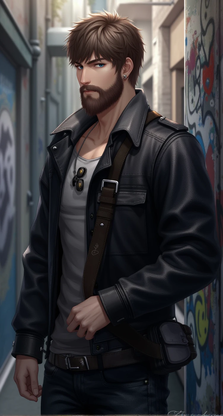 handsomemale,A young man in his late 20s, with a rugged beard and piercing blue eyes, dressed in a stylish leather jacket and dark jeans, stands against the backdrop of a graffiti-covered urban alley. His expression is thoughtful as he looks off into the distance, a camera slung over his shoulder